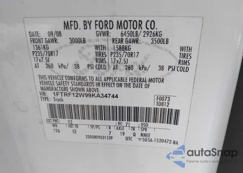 2009 Ford F150 z USA, uszkodzony, nr VIN 1FTRF12W99KA34744